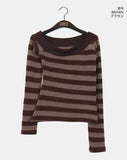 [Brushed Lining] Knockin Stripe One Shoulder Unbalanced Knit T-shirt