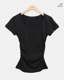 NER Deep U-Neck Round Side Shirred Short Sleeve T-Shirt