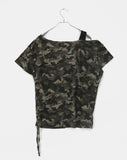 Ray Camo Number Print Off Shoulder Shirring Short Sleeve T-Shirt