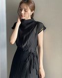 Foven Cowl Neck Wrinkle Banding Wrap Long One Piece