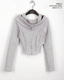 Temt Off-Shoulder Slit Line Ribbed Crop Zip-Up