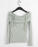 Twill Ribbon Strap Off-Shoulder Slit Cropped Long Sleeve T-Shirt