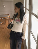 Claim Deep U-Neck Flower Slim Long Sleeve Knit
