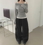 Cotton Two-Way Pocket Knee Shirring Wide Banding Pants