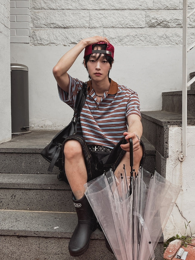 【2plan】Yeah ST Crop Collar Short Sleeve T-shirt 2plan (ツープラン) - イェアボーダークロップ襟付き半袖Tシャツ