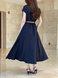 Odd Half-Neck Draped Banding Flare One Piece (Belt Set)