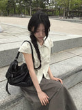 Lambs Button Collar Shirred Puff Blouse Shirt