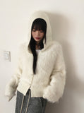Soco Knitwear Color Matching Angora Fur Button Hood Cardigan