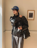 Saint High-Neck Unbalance Leather Jacket