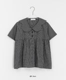 Geljik Check Frill Round Short Sleeve Blouse