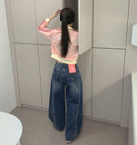 Two-Pocket Back Pocket Curved Cut Line Wide Denim Pants
