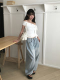 Zant Ribbon Knot Off-Shoulder Shirring T-Shirt