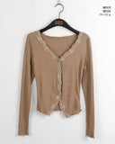 Romine lace color matching ribbed long sleeve cardigan