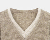 Lipin Color Matching V-Neck Slim Boucle Long Sleeve Knit