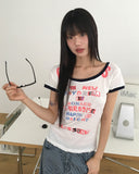 Fleet Off-Shoulder Lettering Print Ringer Color Matching Short Sleeve T-Shirt