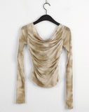 Lutz See-Through Tie-Dye Printing Shirring Mesh Long Sleeve Off-Shoulder T-Shirt