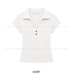 Cien Button V-neck Collared Short Sleeve