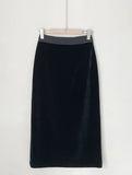 Naiz Satin Color Matching Span Velvet Long Skirt