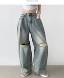 Destroyed Jeans Pleated Side Pin Tuck Balloon Wide Fit Pants
