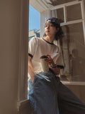 Floral color matching embroidery short sleeve T-shirt