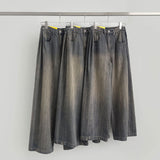 Stripe Folding Hem Snap Wide Denim Pants