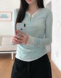 Lower See-through Hook V-Neck Long Sleeve