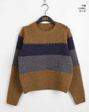 Wool Stripe Color Matching Button Round Long Sleeve Knitwear