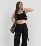 Waist Strap Low Waist Pocket Shirring Pin Tuck Wide Bootcut Pants