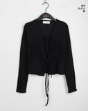 Dati Strap Shirring Ribbed Long Sleeve Cardigan