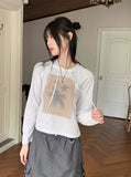 Tilla Linen See-through Color Matching Slim Long Sleeve Hood T-shirt