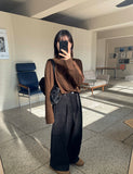 Itove Black Blue Pintuck Brushed Wide Pants