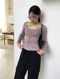 Compo Vintage Cross X Strap Deep V Neck Long Sleeve T-Shirt
