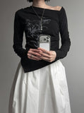 Ink Painting Flower One-Shoulder Off-Tee