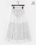 Achu Dot Shirring Tiered Lace Frill Long Skirt