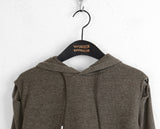 Muff shoulder slit ribbed color matching shirring crop long sleeve hood knit