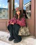 [Brushed Lining] Skin Star Print Stripe Color Matching Two-Way Loose Fit Hood Zip-Up