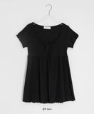 Nahills Shirring Short Sleeve Layered Ribbon Ribbed Tee