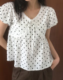 Newon Dot Lace Ribbon Short Sleeve Blouse
