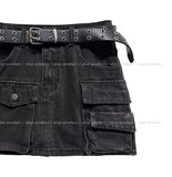 Starry Washed Cargo Denim Skirt Pants (+Belt Set)