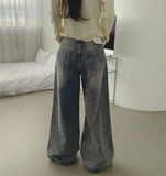 4-season casual washed loose wide denim pants