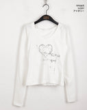 Tasha Heart Printed Warmer Deep U-Neck Slim Long Sleeve Hood T-Shirt