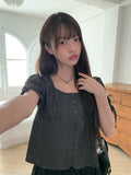 Henry Ribbon Pintuck Shirring Square Short Sleeve Blouse