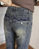 Deepin high waist hip pocket boot cut washed denim pants