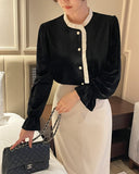 Tiv Frill Color Matching Velvet Blouse