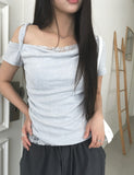 Dis Twist Strap Shoulder Lace Short Sleeve T-shirt