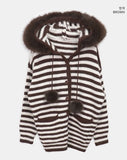 Levin Stripe Drop Knit Fur Hooded Cardigan