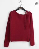 Listy Off-Shoulder Ribbon Strap Ribbed Crop Long Sleeve Knit
