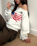 Burnoon American Flag Strap One Off Shoulder Long Sleeve Zip-up