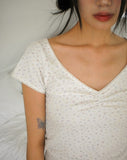 Ivey Floral Shirring V-Neck Short Sleeve T-Shirt
