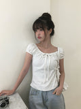 Soso Ribbon Dot Puff Cap Sleeve Short Sleeve T-Shirt